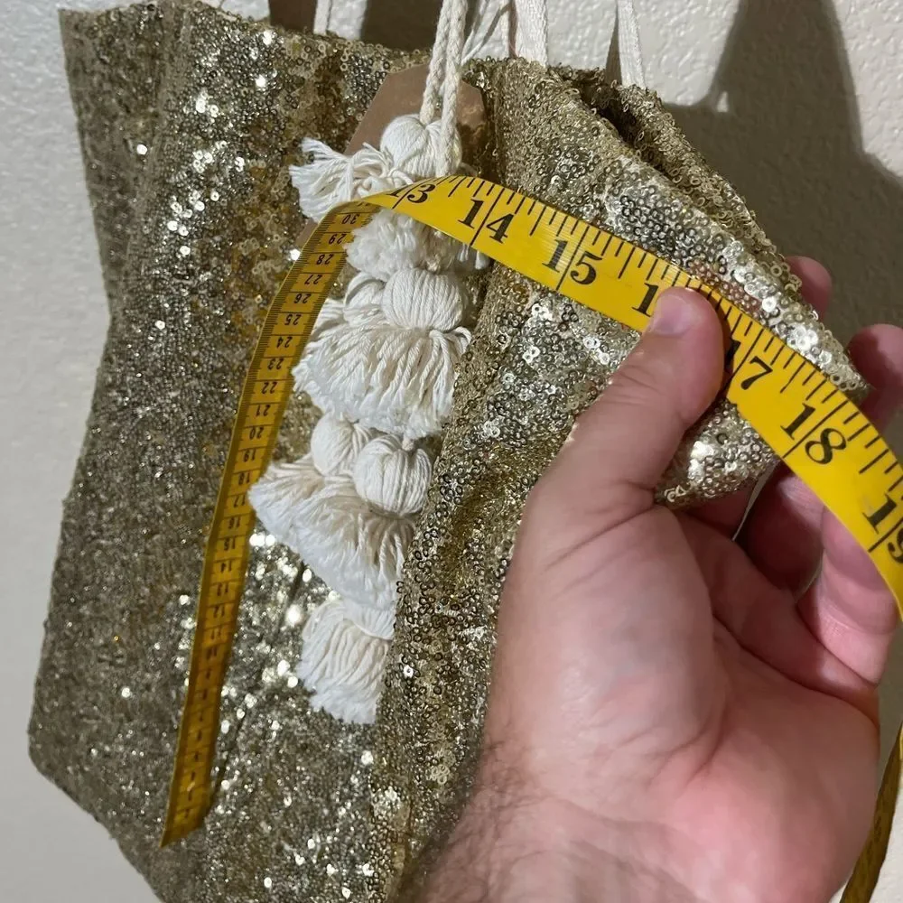 Anthropologie JadeTribe Gold Sequin Tote with Cream Tassels - Picture 7 of 8